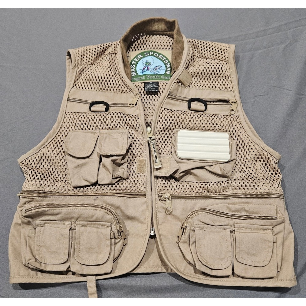 Master Sportsman Fishing Vest Youth M Tan Excellent Multi-Pocket Mesh Utility